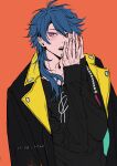  1boy absurdres argentum_1121 arisugawa_dice black_jacket black_shirt blush hand_on_own_face highres hypnosis_mic jacket long_sleeves looking_to_the_side male_focus open_mouth orange_background purple_hair shirt solo violet_eyes 