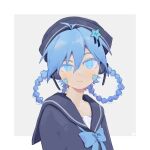 1girl :3 alternate_costume alternate_hairstyle aqua_eyes bangs blue_bow blue_bowtie blue_eyes blue_hair blue_headwear blue_sailor_collar blue_shirt blush bow bowtie braid closed_mouth ene_(kagerou_project) facial_mark grey_background hair_between_eyes hair_ornament hair_rings hat headphones highres kagerou_project long_sleeves looking_at_viewer pisces_(zodiac) sailor_collar sailor_hat shirt solo star_(symbol) star_hair_ornament twin_braids twintails uneven_eyes upper_body whitegull666