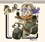  1girl absurdres brown_footwear brown_gloves copyright_name dr._slump driving eyelashes glasses gloves goggles goggles_on_headwear green_pants ground_vehicle hageourzee helmet highres jacket motor_vehicle motorcycle norimaki_arale open_mouth pants purple_hair solo teeth upper_teeth_only violet_eyes 