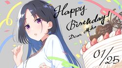  1girl :o birthday birthday_cake black_hair blue_hair cake dress earrings food fruit happy_birthday highres idol idoly_pride jewelry miho_(idoly_pride) multicolored_hair official_art open_mouth qp:flapper strawberry upper_body violet_eyes white_dress 