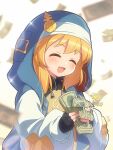 1girl androgyne_symbol black_gloves blonde_hair bridget_(guilty_gear) closed_eyes fingerless_gloves gloves guilty_gear guilty_gear_strive habit highres holding holding_money hood hood_up hooded_jacket hoodie itsuka_neru jacket long_sleeves medium_hair money open_clothes open_hoodie open_mouth puffy_long_sleeves puffy_sleeves smile