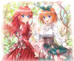  2girls :d ahoge bangs blue_eyes blush bow closed_mouth commentary corset dress floral_print food go-toubun_no_hanayome green_bow green_hairband green_ribbon green_skirt hair_between_eyes hair_ornament hair_ribbon hairband highres holding long_hair long_sleeves looking_at_viewer medium_hair multiple_girls nakano_itsuki nakano_yotsuba neck_ribbon orange_hair pastry plant puffy_long_sleeves puffy_sleeves red_dress redhead ribbon shirt siblings sisters skirt skirt_hold smile star_(symbol) star_hair_ornament studio_viga sunlight table teeth turning_head upper_teeth_only white_ribbon white_shirt 