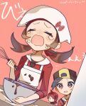 1girl 2boys apron backwards_hat black_hair blush bowl chibi chocolate closed_eyes commentary_request cowlick crying ethan_(pokemon) flying_sweatdrops hat holding holding_whisk jacket lyra_(pokemon) multiple_boys open_mouth parted_lips pink_background pokemon pokemon_(game) pokemon_hgss red_shirt redhead shirt short_hair silver_(pokemon) sumeragi1101 sweatdrop tears translation_request twintails whisk white_apron white_headwear