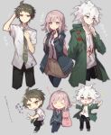  1girl 2boys :d ahoge bangs black_pants black_thighhighs blush brown_eyes brown_footwear brown_hair brown_skirt chibi commentary_request cropped_legs danganronpa_(series) danganronpa_2:_goodbye_despair dress_shirt galaga green_jacket green_necktie grey_background grey_hair grey_shirt hair_ornament hand_up highres hinata_hajime jacket komaeda_nagito looking_at_viewer medium_hair messy_hair multiple_boys multiple_views nanami_chiaki neck_ribbon necktie open_clothes open_jacket open_mouth pants pleated_skirt pointing print_shirt red_ribbon ribbon shirt shirt_tucked_in short_hair short_sleeves simple_background sitting skirt smile thigh-highs translation_request white_shirt yuuta_roo 