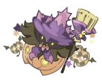  broom closed_mouth clothed_pokemon commentary dizdoodz english_commentary fangs fangs_out full_body halloween hat highres looking_at_viewer no_humans pokemon pokemon_(creature) pumpkaboo purple_headwear solo star_(symbol) yellow_eyes 