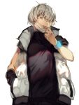  1boy :p bangs black_shirt green_eyes grey_hair hand_in_pocket jacket looking_at_viewer looking_down male_focus mask mask_pull mouth_mask original sakekasu_(lofter) shirt short_hair sideways_glance simple_background sleeveless solo tongue tongue_out upper_body white_background white_jacket wristband 