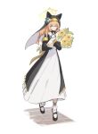  1girl animal_ears blue_archive blue_eyes boczitok bouquet braid brown_hair commentary flower habit hair_flower hair_ornament halo holding holding_bouquet mari_(blue_archive) nun simple_background single_braid smile solo sunflower symbol-only_commentary white_background 