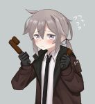  1girl absurdres ahoge american_flag bangs black_gloves black_necktie blush brown_jacket closed_mouth collared_shirt double_popsicle failure flying_sweatdrops furrowed_brow girls_frontline gloves grey_background grey_hair hair_between_eyes half-split_chopsticks highres holding_ice_cream jacket light_frown long_sleeves looking_at_viewer low_ponytail m200_(girls&#039;_frontline) necktie open_clothes open_jacket pepsi2330 sad shirt simple_background solo tearing_up upper_body violet_eyes wavy_eyes white_shirt 