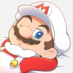  1boy arms_behind_head blue_eyes brown_hair cloud_mario facial_hair hat looking_at_viewer mario mustache one_eye_closed overalls portrait red_shirt shirt simple_background super_mario_bros. syaon_tshscl white_headwear white_overalls 