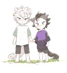  2boys aged_down animal_ears arms_at_sides bare_shoulders barefoot black_hair black_pants black_shorts brothers cat_boy cat_ears cat_tail child clothes_grab grass grey_hair holding_hands kemonomimi_mode kimetsu_no_yaiba leaf leaf_on_head looking_at_viewer male_child male_focus mohawk multiple_boys off_shoulder pants raglan_sleeves scar scar_on_face scar_on_forehead scar_on_nose shinazugawa_genya shinazugawa_sanemi shirt short_hair short_sleeves shorts siblings simple_background standing t-shirt tail white_background white_hair zooooo_co 
