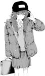  1girl bag braid coat food food_in_mouth freckles hat headphones highres inkdaisuki monochrome mouth_hold original school_bag school_uniform simple_background solo toast toast_in_mouth twin_braids white_background 