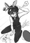  1boy animal_ears bow bowtie commentary_request fake_animal_ears food food_on_face full_body greyscale hairband jojo_no_kimyou_na_bouken male_focus monochrome narancia_ghirga rabbit_ears seta_makoto sitting solo spill spoon squiggle tray vento_aureo vest waiter wariza 