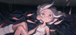  1girl bare_shoulders black_hair bodysuit breasts closed_mouth collarbone dr_mice faux_traditional_media fish floating_hair highres looking_up medium_hair octoling octoling_girl red_eyes school_of_fish sleeveless sleeveless_bodysuit small_breasts socks solo splatoon_(series) splatoon_3 splatoon_3:_side_order suction_cups tentacle_hair white_bodysuit white_socks 