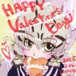  1girl animal_ears cat_ears cat_girl chocolate closed_mouth extra_ears geoffroy&#039;s_cat_(kemono_friends) grey_eyes grey_hair i_hoheto kemono_friends kemono_friends_v_project long_hair looking_at_viewer ribbon simple_background solo sweater twintails valentine virtual_youtuber 