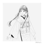  1girl arms_at_sides bangs blunt_ends braid chifuji_k closed_mouth cowboy_shot greyscale hair_over_shoulder japanese_clothes kimono long_sleeves looking_away monochrome obi original sash simple_background skirt_hold smile solo twin_braids twintails twitter_username 