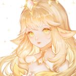  1girl animal_ears bangs bare_shoulders blonde_hair closed_mouth commentary gem hair_ornament highres league_of_legends long_hair official_alternate_costume pointy_ears portrait saikayo simple_background smile solo sparkle star_guardian_soraka_prestige_edition white_background yellow_eyes 
