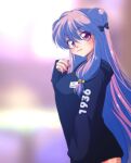  1girl bangs bell black_ribbon blue_hair blue_sweater blurry blurry_background clothes_writing commentary_request double_bun hair_bell hair_bun hair_ornament hair_ribbon jingle_bell long_hair long_sleeves no_pants ranma_1/2 ribbon shampoo_(ranma_1/2) sidelocks solo sweater takahashi_rumiko_(style) uehara_doh violet_eyes 