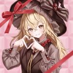  1girl absurdres bangs blonde_hair blush bow braid brown_bow brown_headwear brown_shirt brown_vest grin hair_between_eyes hat hat_bow heart heart_hands highres kirisame_marisa long_hair long_sleeves red_bow shirt single_braid smile solo torinari_(dtvisu) touhou upper_body valentine vest witch_hat yellow_eyes 