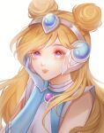  1girl absurdres bangs bare_shoulders blonde_hair double_bun elbow_gloves gem gloves hair_bun hair_ornament hand_on_own_cheek hand_on_own_face highres league_of_legends long_hair looking_at_viewer lux_(league_of_legends) pink_eyes saikayo simple_background smile solo space_groove_lux teeth upper_body white_background 