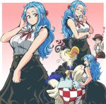  1boy 2girls absurdres black_eyes black_hair blue_hair breasts checkered_pants closed_eyes dress earrings hat highres jewelry lewdamone long_hair medium_breasts multiple_girls nefertari_vivi one_piece red_ribbon ribbon short_hair sleeveless sleeveless_dress top_hat 