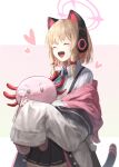  1girl absurdres animal_ear_headphones animal_ears blonde_hair blue_archive cat_ear_headphones cat_tail chocolate fake_animal_ears fake_tail halo headphones heart highres holding holding_stuffed_toy jacket momoi_(blue_archive) off_shoulder pong2 shirt simple_background sleeves_past_fingers sleeves_past_wrists solo stuffed_animal stuffed_axolotl stuffed_toy tail white_background white_shirt 