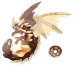  animal animal_focus brown_eyes doughnut dragon fangs food food_focus from_side full_body highres horns looking_at_viewer looking_to_the_side multiple_horns no_humans omarumaru original parted_lips simple_background skin_fangs smile solo white_background wings 