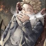  1boy arm_at_side barururunru belt black_jacket blonde_hair blurry blurry_background boku_no_hero_academia breast_pocket breath building buttons closed_mouth commentary_request covering_mouth dutch_angle facial_mark film_grain flower forked_eyebrows from_side grey_scarf grey_shirt grey_sky hand_over_own_mouth hand_up hawks_(boku_no_hero_academia) highres jacket long_sleeves looking_at_hand looking_down male_focus messy_hair narrowed_eyes open_clothes open_jacket outdoors partial_commentary pocket power_lines red_wings scarf shirt short_hair sky snowing solo spider_lily teeth triangle upper_body upper_teeth_only utility_pole wings winter yellow_eyes 
