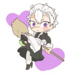  1boy alternate_costume apron black_dress black_footwear broom chibi closed_mouth colored_shoe_soles crossdressing dress enmaided foot_up frilled_apron frilled_sleeves frills frown full_body heart high_heels holding holding_broom juliet_sleeves kimetsu_no_yaiba knee_up long_sleeves looking_at_viewer maid maid_apron maid_headdress male_focus pantyhose puffy_sleeves scar scar_on_face scar_on_forehead scar_on_nose shinazugawa_sanemi shoe_soles short_hair solo white_hair white_pantyhose zooooo_co 