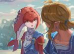  1boy 1girl blonde_hair blue_tunic colored_skin earrings fish_girl hairband head_fins headpiece jewelry link looking_at_another mipha neck_ring ponytail red_skin saburou_(jako) short_hair sidelocks smile the_legend_of_zelda the_legend_of_zelda:_breath_of_the_wild yellow_eyes zora 