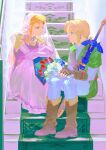  1boy 1girl absurdres armor blonde_hair blue_eyes boots bouquet brown_footwear brown_gloves dress duoj_ji elbow_gloves english_commentary eye_contact fingerless_gloves flower gloves high_collar highres holding holding_bouquet link long_hair looking_at_another pink_dress pink_gloves pointy_ears ponytail princess_zelda shoulder_armor sidelocks sitting stairs sword the_legend_of_zelda the_legend_of_zelda:_ocarina_of_time veil weapon 