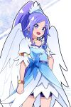  1girl angel_wings bike_shorts_under_skirt blue_bow blue_dress blue_eyes blue_hair blue_skirt bow bracelet brooch choker collarbone commission crystal_earrings cure_diamond dokidoki!_precure dress earrings feather_hair_ornament feathered_wings feathers hair_ornament heart_brooch highres hishikawa_rikka jewelry long_hair looking_at_viewer magical_girl open_mouth ponytail precure puffy_short_sleeves puffy_sleeves short_sleeves signature skeb_commission skirt smile solo very_long_hair white_background wings 