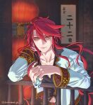  1boy aaron_wei calligraphy cup eiyuu_densetsu holding holding_cup ilphain kuro_no_kiseki lantern leaning_forward leaning_on_object leaning_on_rail long_hair long_sleeves paper_lantern redhead smile solo twitter_username yellow_eyes 