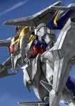  asaba_naoto beam_rifle blue_sky energy_gun english_commentary flying from_side gun gundam gundam_hathaway&#039;s_flash highres holding holding_gun holding_weapon mecha mobile_suit no_humans robot science_fiction shield sky solo upper_body v-fin weapon white_eyes xi_gundam 