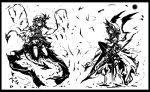  2girls acryl bangs closed_mouth commentary_request demon_wings dress expressionless flandre_scarlet full_body greyscale hair_between_eyes hat hat_ribbon highres laevatein_(touhou) long_hair looking_at_viewer looking_to_the_side medium_hair mob_cap monochrome multiple_girls one_side_up pantyhose puffy_short_sleeves puffy_sleeves remilia_scarlet ribbon shoes short_sleeves siblings sisters spear_the_gungnir thigh-highs touhou wings 