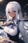  1girl ai-generated bangs blue_bow blue_bowtie blue_eyes blue_skirt blush bow bowtie breasts candy chocolate commentary_request dark_skin food hair_between_eyes hand_on_own_chest heart heart-shaped_chocolate highres inu_majin large_breasts long_hair looking_at_viewer moon night on_roof original outdoors pointy_ears shirt sitting skirt snow solo standing table white_hair white_shirt 