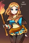 1girl belt black_pants blonde_hair blue_eyes cape english_text fire hair_ornament hairclip highres holding holding_torch looking_at_viewer medium_hair open_mouth pants pointy_ears princess_zelda simple_background the_legend_of_zelda the_legend_of_zelda:_breath_of_the_wild torch touyarokii 