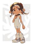  1girl absurdres arm_warmers bare_shoulders bodysuit boots brown_hair coral full_body hand_up highres inari1369 long_hair looking_to_the_side octoling octoling_girl parted_lips red_eyes single_arm_warmer sleeveless sleeveless_bodysuit socks solo splatoon_(series) splatoon_3 splatoon_3:_side_order standing suction_cups tentacle_hair white_bodysuit white_footwear white_socks 