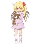  1girl alternate_costume bangs blonde_hair crystal flandre_scarlet holding holding_stuffed_toy looking_at_viewer mizusoba no_headwear one_eye_closed simple_background solo stuffed_animal stuffed_toy teddy_bear touhou white_background wings 