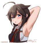  1girl ahoge armpits black_hair black_shirt blue_eyes braid commentary_request hair_flaps hair_over_shoulder kantai_collection looking_at_viewer necktie one-hour_drawing_challenge ray.s red_necktie shigure_(kancolle) shigure_kai_san_(kancolle) shirt simple_background single_braid sleeveless sleeveless_shirt solo two-tone_shirt upper_body white_background 