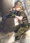  1girl benelli_m1014 benelli_m4 blonde_hair brown_headwear brown_shirt camouflage camouflage_pants chest_rig commission dated gloves green_eyes green_gloves gun hat headset highres hiroki_ree military military_hat military_uniform optical_sight original pants shirt short_sleeves shotgun shotgun_shell solo uniform weapon 