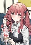 1girl anna_(ikeuchi_tanuma) bangs black_ribbon blush bow closed_mouth collared_shirt cup eating food hair_ribbon highres holding holding_spoon ice_cream ikeuchi_tanuma indoors long_hair long_sleeves looking_at_viewer neck_ribbon original redhead ribbon shirt sidelocks sketch smile solo sparkle sparkling_eyes spoon twintails two_side_up violet_eyes white_ribbon white_shirt