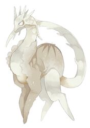  absurdres animal animal_focus cross-shaped_pupils dragon full_body grey_theme highres horns looking_at_viewer multiple_horns mushroom no_humans omarumaru original simple_background solo standing symbol-shaped_pupils white_background white_eyes 