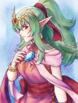  1girl adricarra artist_name bangs bracelet closed_mouth commentary cosplay dragonstone dress fingernails fire_emblem fire_emblem:_mystery_of_the_emblem fire_emblem_awakening fire_emblem_heroes gem green_eyes green_hair hair_ornament hair_ribbon jewelry long_hair looking_at_viewer official_alternate_costume pink_dress pointy_ears ponytail red_ribbon ribbon sash sidelocks sleeveless sleeveless_dress smile solo tiara tiki_(adult)_(fire_emblem) tiki_(fire_emblem) tiki_(young)_(fire_emblem) tiki_(young)_(fire_emblem)_(cosplay) very_long_hair 