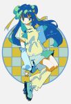  1girl blue_eyes blue_hair blush breasts double_bun flower full_body hair_bun hair_flower hair_ornament highres hirari_in ranma_1/2 retro_artstyle shampoo_(ranma_1/2) solo 