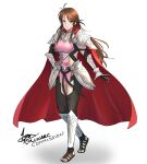  1girl antenna_hair armor artist_name black_gloves black_thighhighs brown_hair cape cm_lynarc commission fire_emblem fire_emblem:_mystery_of_the_emblem fire_emblem_heroes gauntlets gloves highres long_hair red_cape sandals sheena_(fire_emblem) signature simple_background solo thigh-highs white_background 