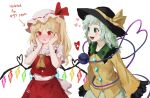 2girls :d @_@ black_headwear blonde_hair blouse blush bow crystal fangs flandre_scarlet flustered full-face_blush green_eyes green_hair hands_on_own_cheeks hands_on_own_face hat hat_bow hat_ribbon heart heart_of_string highres himuhino komeiji_koishi long_sleeves looking_at_another mob_cap multiple_girls open_mouth red_eyes ribbon shirt skirt smile teeth third_eye touhou wide_sleeves wings yellow_bow yellow_shirt yuri