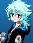  1girl beyblade black_jacket blue_hair closed_mouth drink energy_drink flat_chest hasama_hikaru highres jacket looking_at_viewer medium_hair metal_fight_beyblade open_clothes open_jacket solo spiky_hair tomboy upper_body violet_eyes 