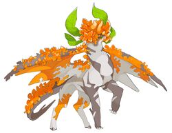  animal animal_focus asymmetrical_horns dragon flower foot_up full_body gold_osmanthus green_eyes horns leaf looking_at_viewer multicolored_eyes no_humans omarumaru one_eye_covered orange_eyes orange_flower original simple_background solo standing white_background wings 