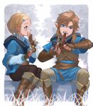  belt blonde_hair blue_eyes blue_tunic boots braid eating fingerless_gloves gauntlets gloves hair_ornament hairclip leather leather_boots light_brown_hair link pants pointy_ears princess_zelda saburou_(jako) short_hair sidelocks sitting the_legend_of_zelda the_legend_of_zelda:_breath_of_the_wild 