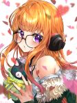  1girl :o absurdres adamusuki_(user_aahn7557) bare_shoulders behind-the-head_headphones blurry blush cat chocolate commentary_request depth_of_field fur-trimmed_jacket fur_trim furrowed_brow glasses green_jacket headphones heart highres holding jacket long_hair looking_at_viewer off_shoulder open_mouth orange_hair persona persona_5 sakura_futaba solo upper_body valentine violet_eyes 